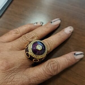Purple Enamel Dome Ring with Central Crystal - Size 8